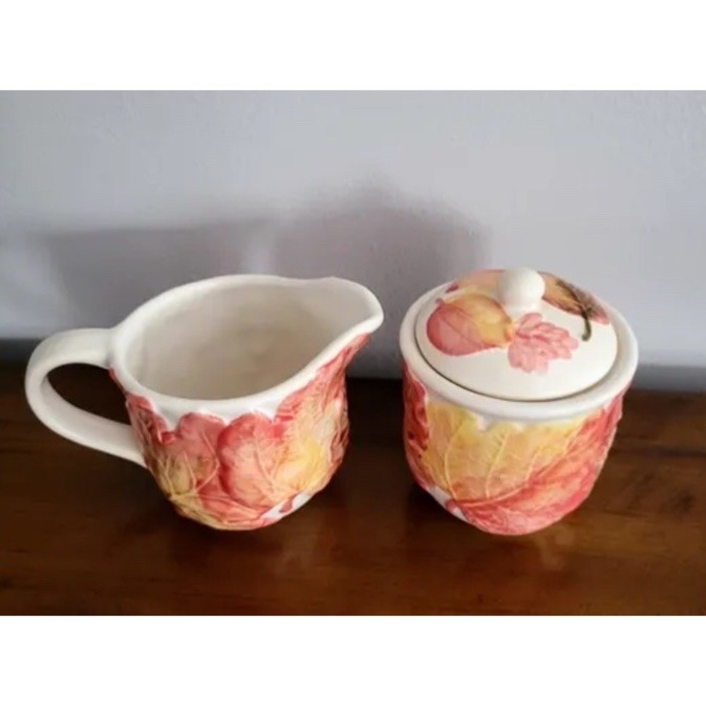 New Fall Autumn 3D Embossed Leaves Sugar and Creamer Set Stoneware